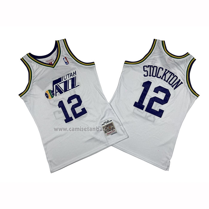 Camiseta Utah Jazz John Stockton NO 12 Mitchell & Ness 1991-92 Blanco